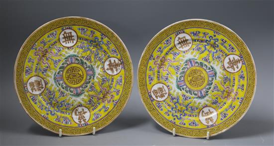 A pair of 19th century yellow ground Chinese plates, Guangxu mark and period 21cm diameter